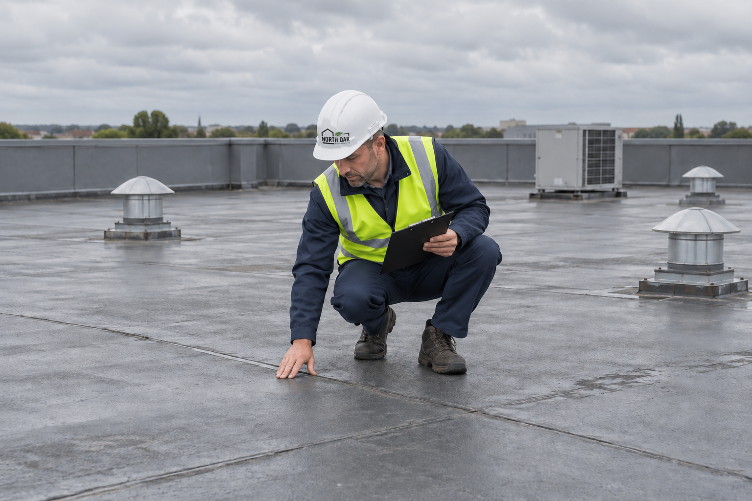 Illustrative commercial roof inspection with a technician checking the roof membrane and recording its condition