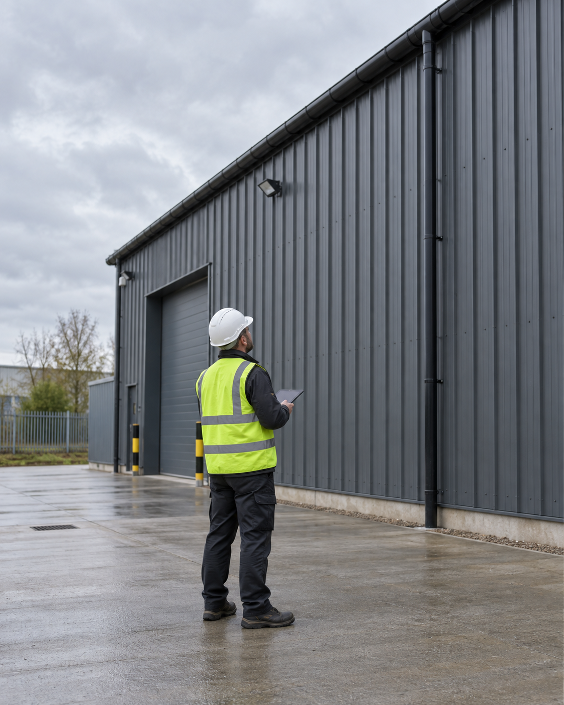 Illustrative exterior inspection of a commercial building by a maintenance professional with a tablet