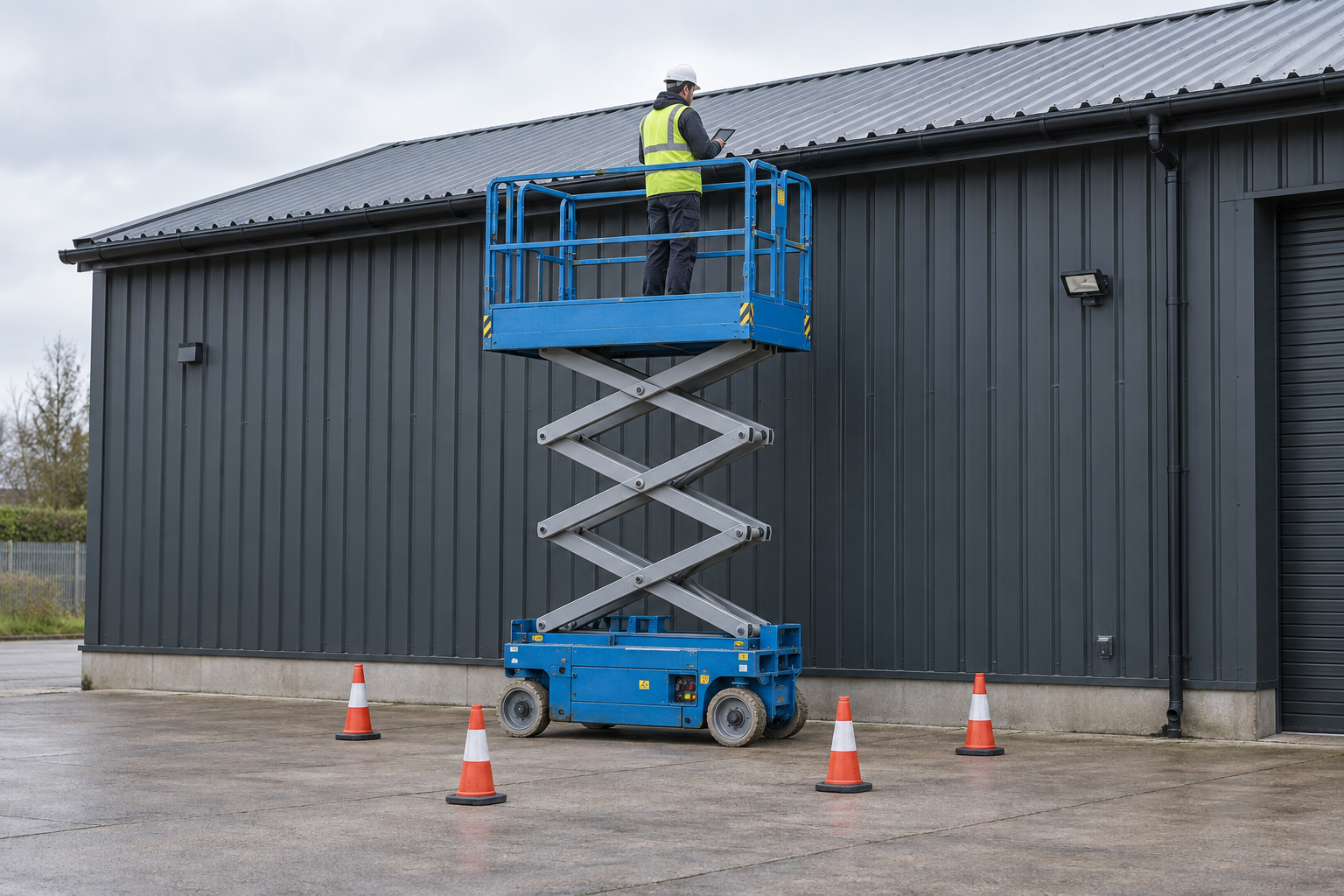 Illustrative scene of a technician inspecting a commercial roofline from a scissor lift